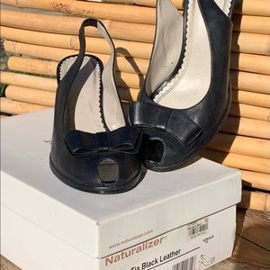 Tia Black Leather Heels with Bow